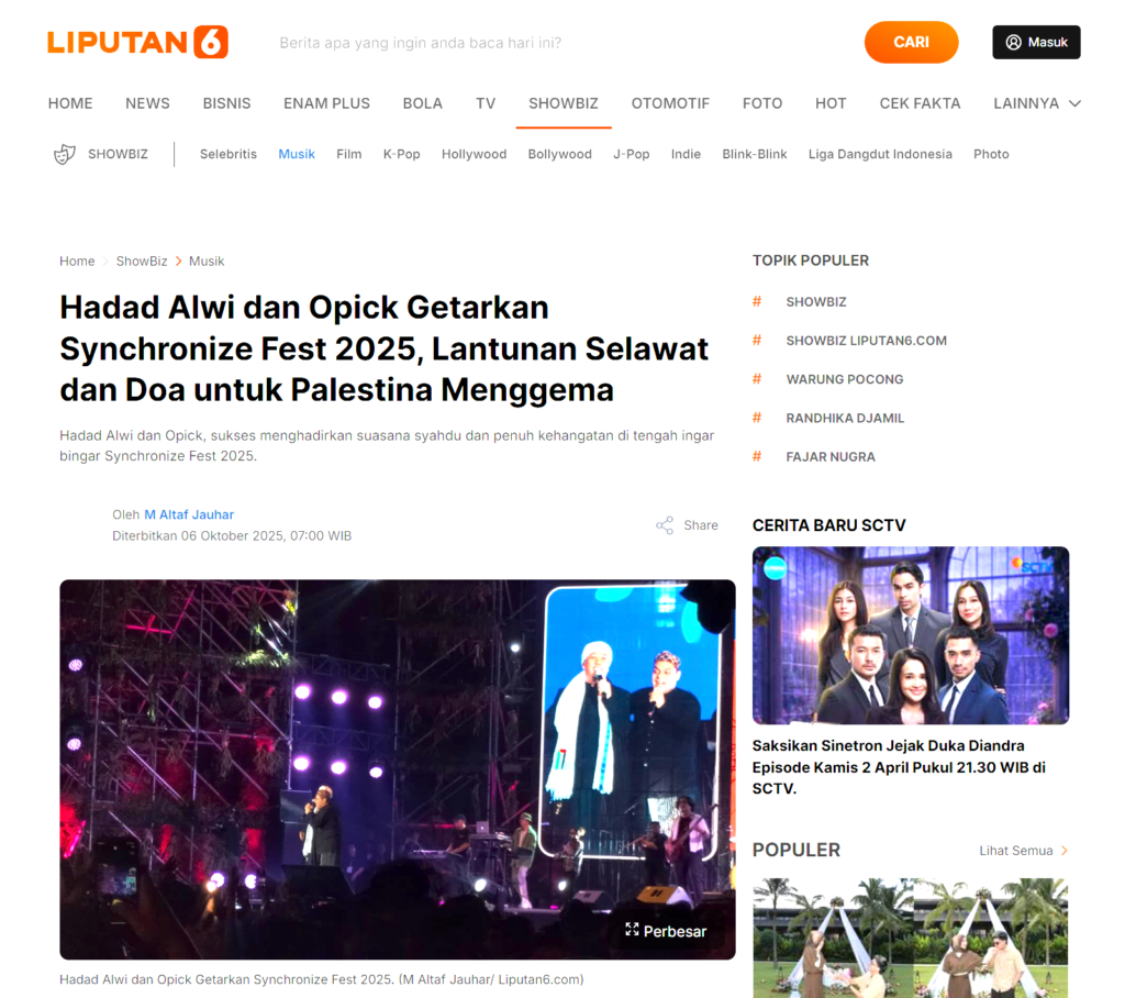 Liputan 6 – Hadad Alwi dan Opick Getarkan Synchronize Fest 2025, Lantunan Selawat dan Doa untuk Palestina Menggema