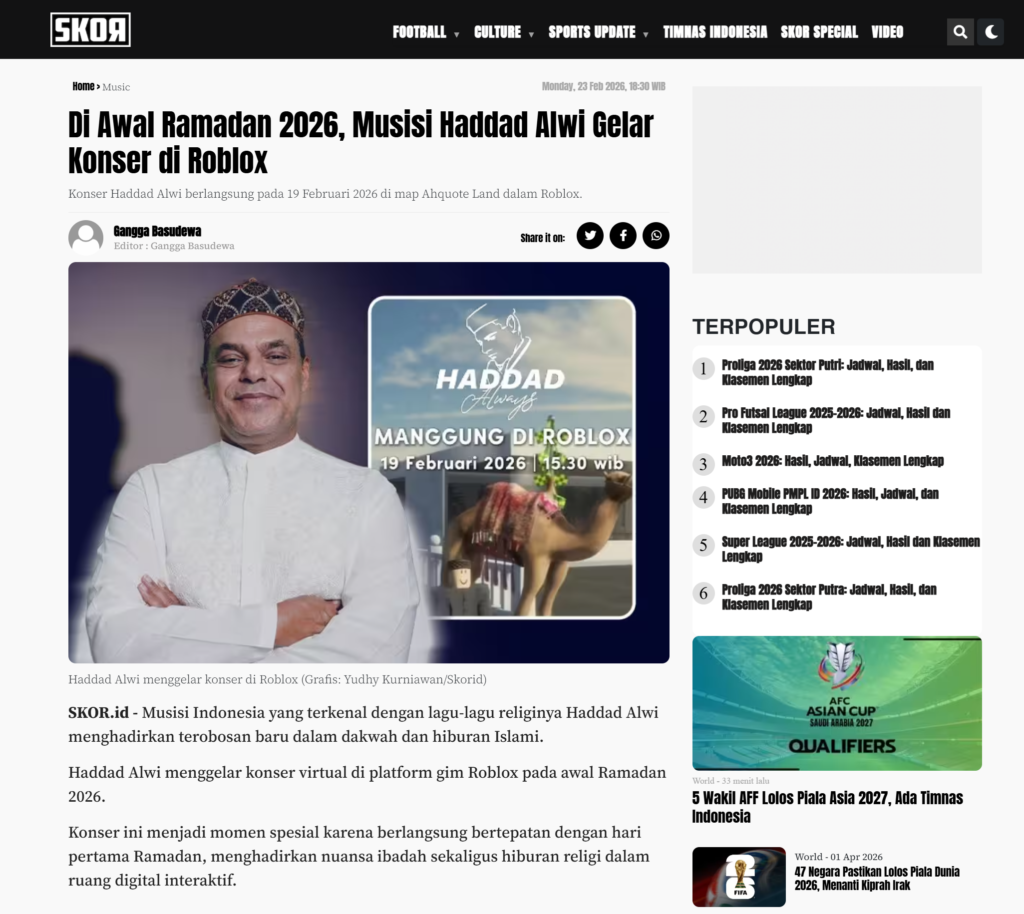 SKORid – Di Awal Ramadan 2026, Musisi Haddad Alwi Gelar Konser di Roblox
